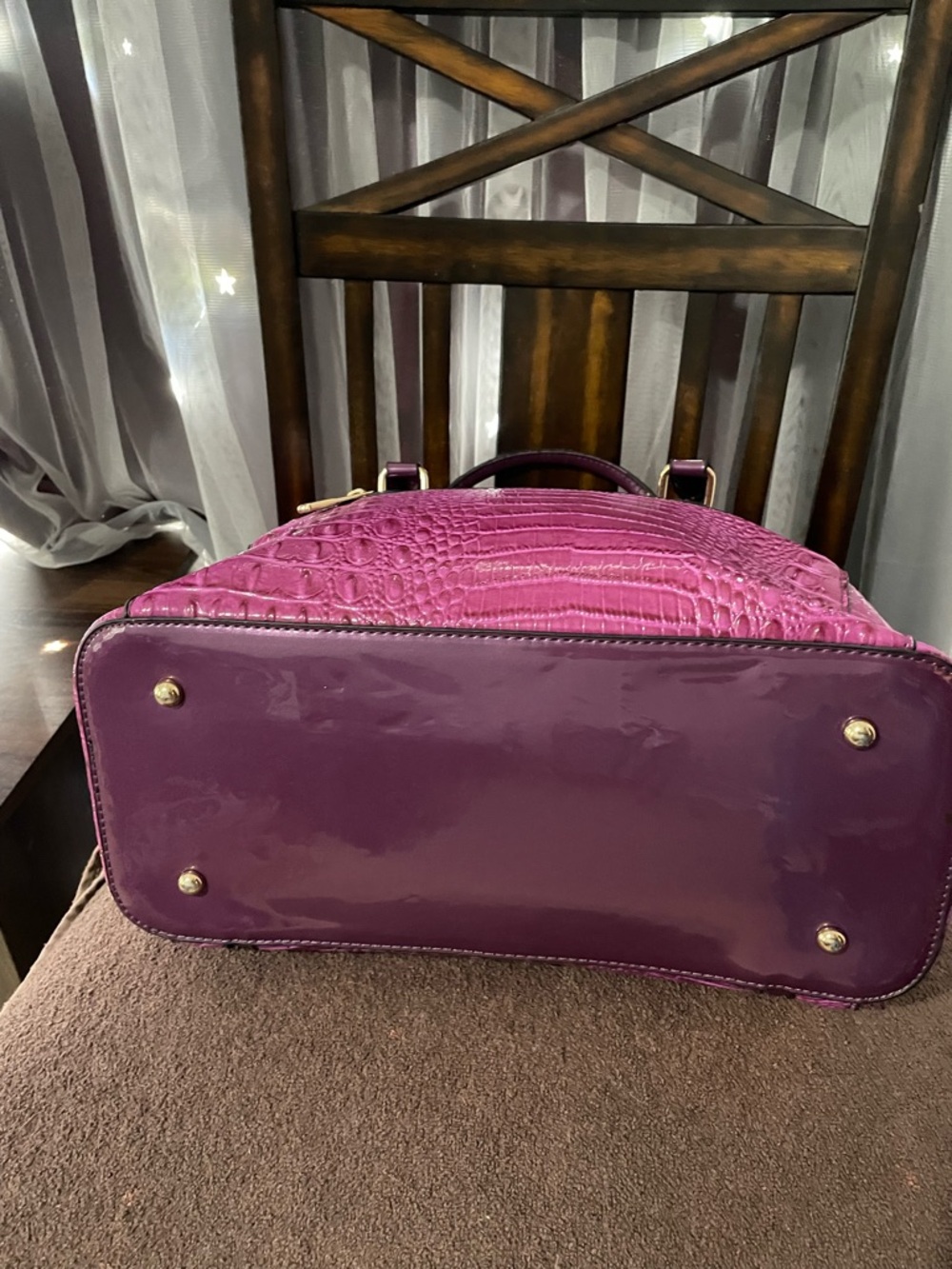 Structured Croc-Embossed Satchel and Wallet in Fuchsia - Picture 11 of 12